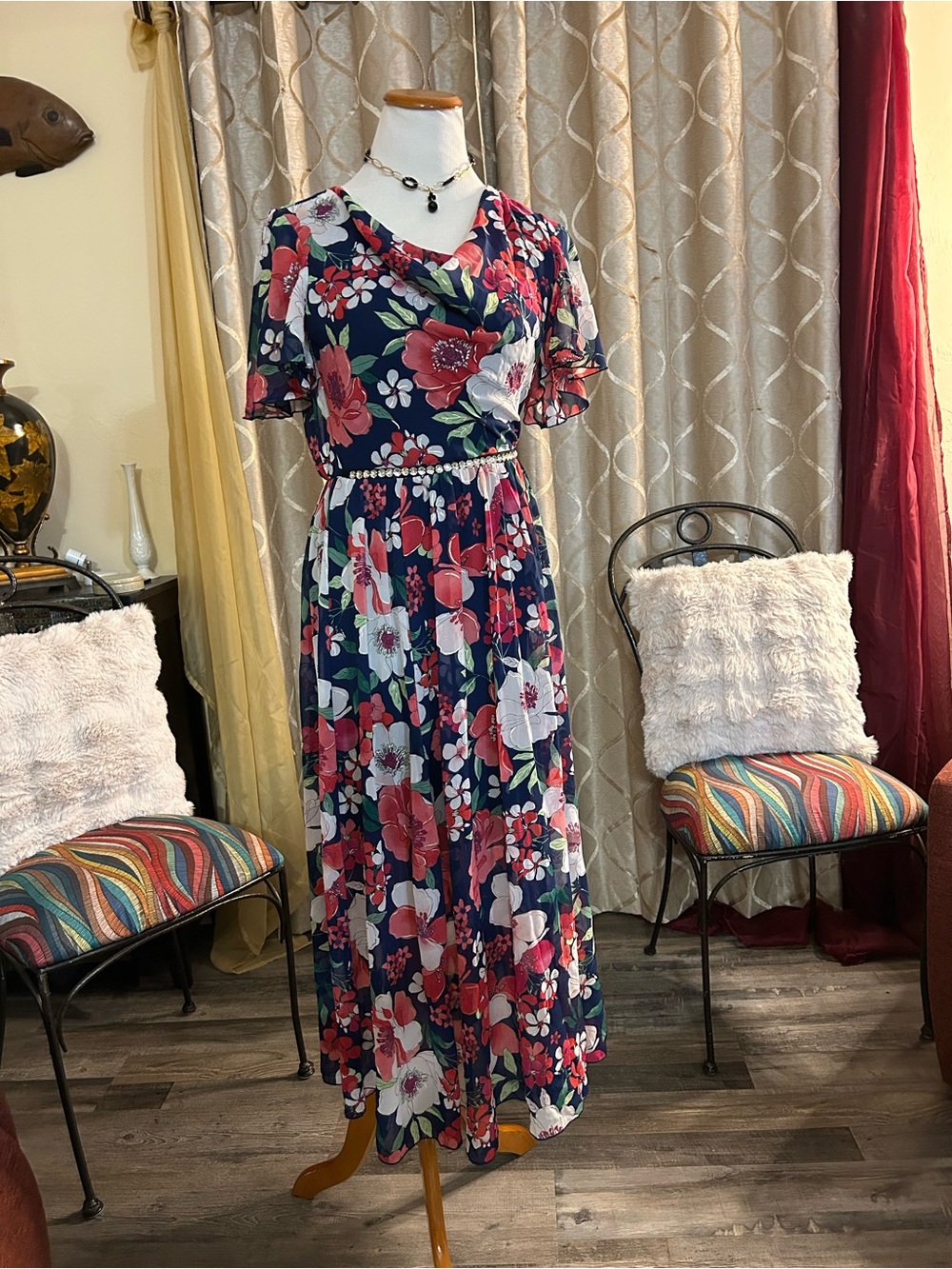Eliza B Nites Floral Maxi Dress in Navy and Coral - Women's Casual Summer Dress